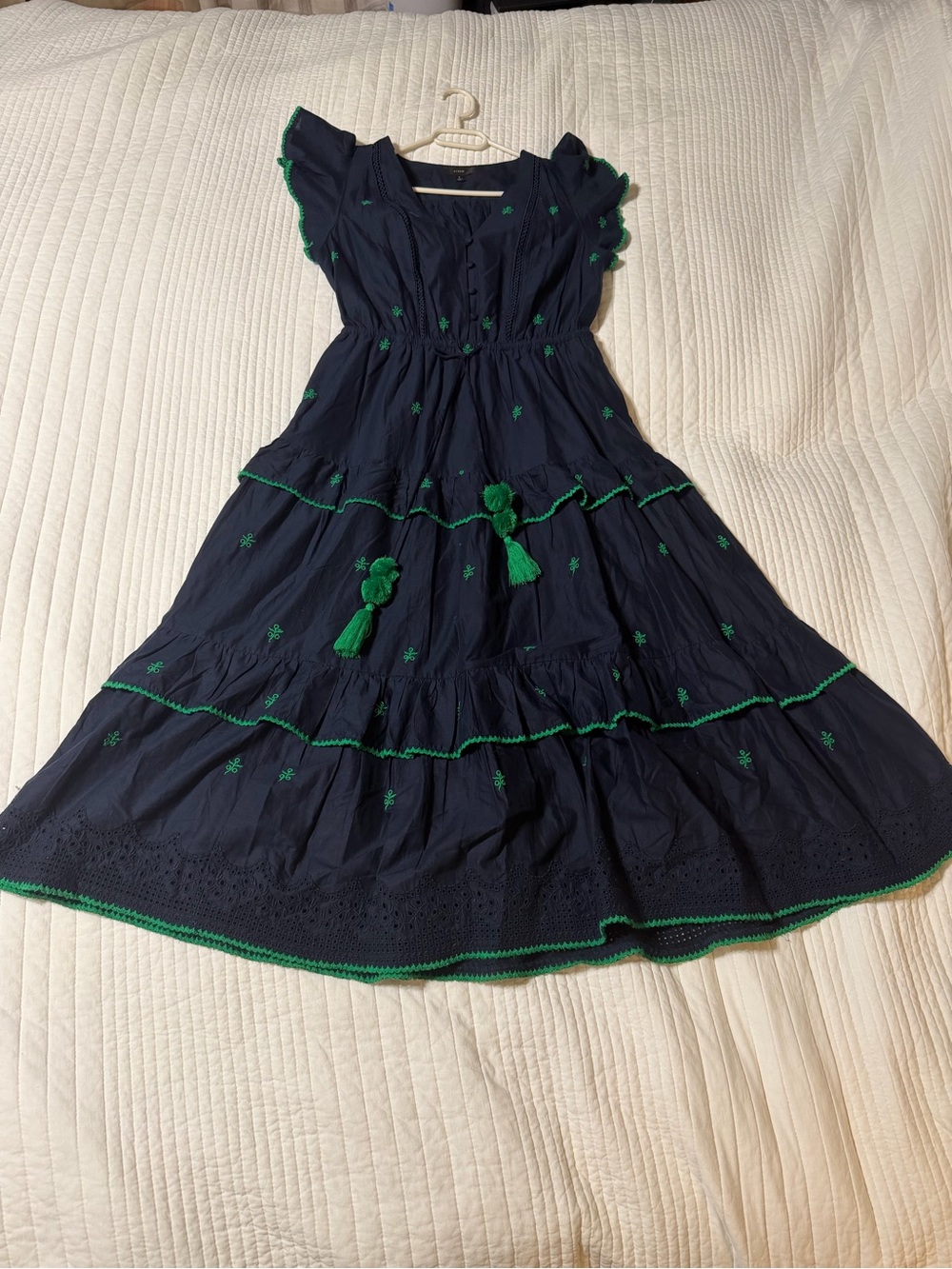 J.Crew Navy Green Embroidered Cotton Midi Dress Tassels Sz 4
